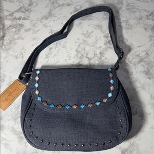 Stylish Blue Denim Shoulder Bag with Embroidered Details NWT